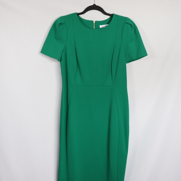 Calvin Klein Emerald Green Sheath Dress Size 8 Short Sleeve Elegant Midi - Picture 3 of 7